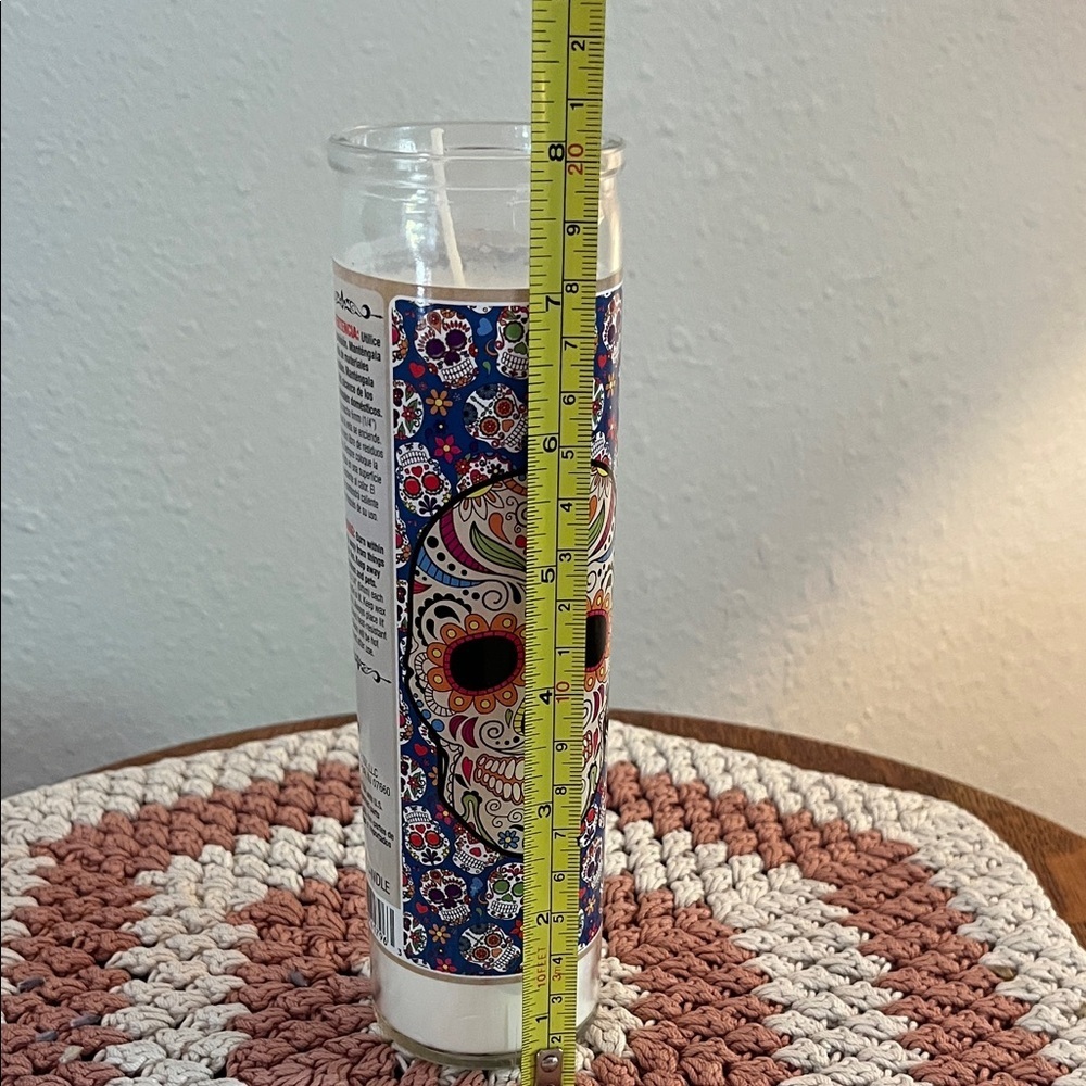 Vibrant Sugar Skull Candle with Blue Floral Design - Picture 7 of 7
